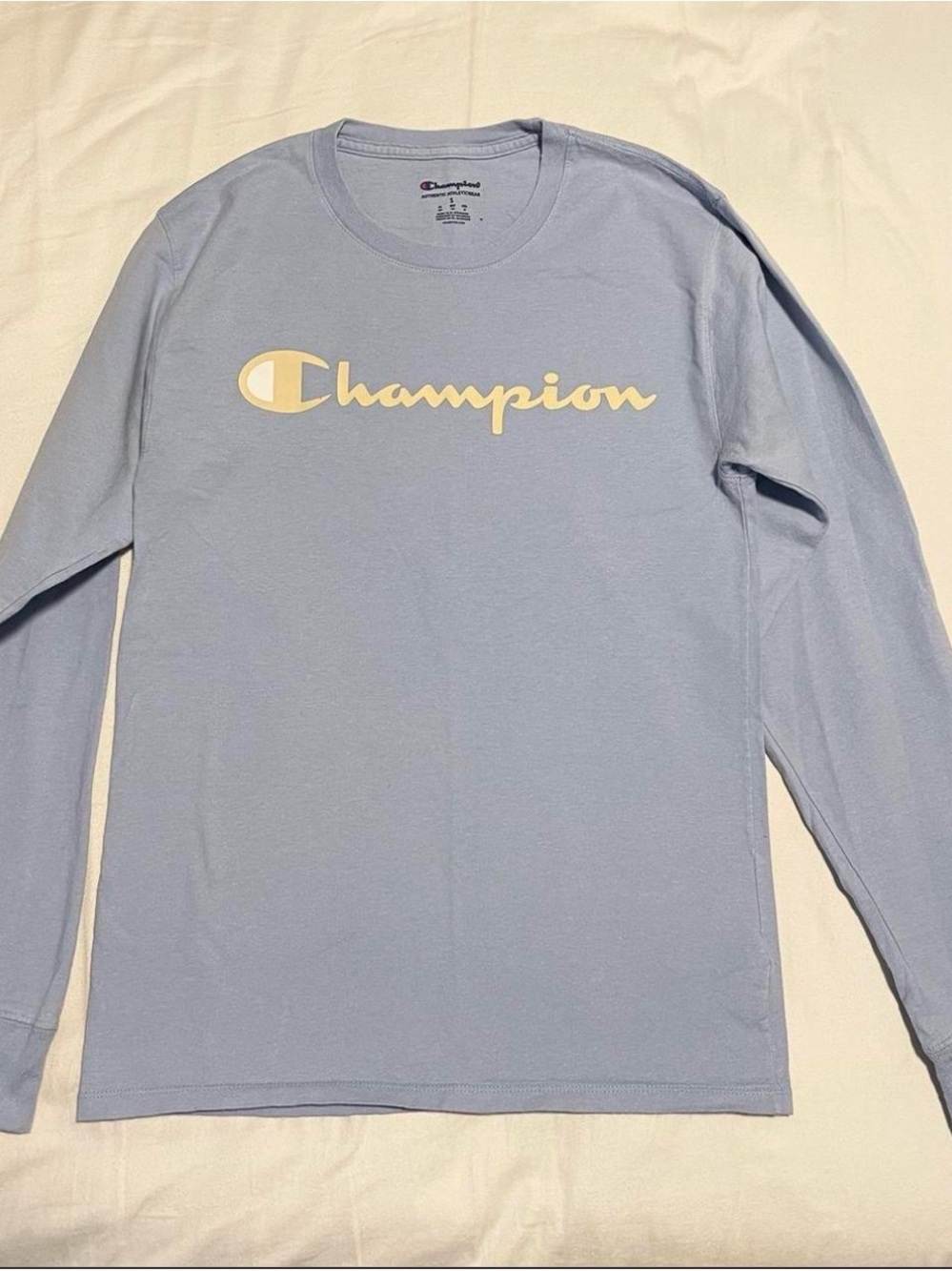 Champion Men’s Long Sleeve Logo Tee in Light Blue with Cream Script